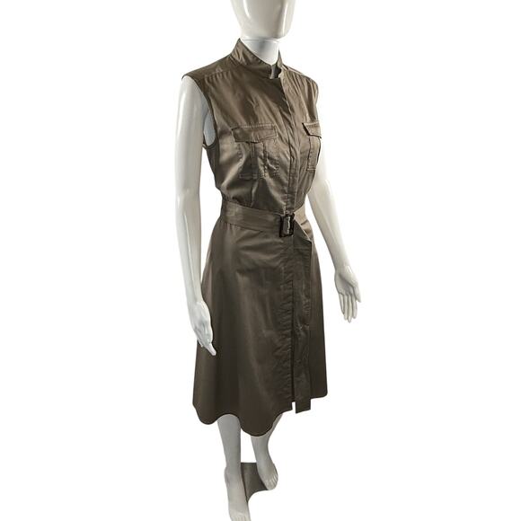 Ann Taylor mandarin Collor leeveless Utility Belted Dress Khaki Green 10 88-62 - Picture 3 of 16